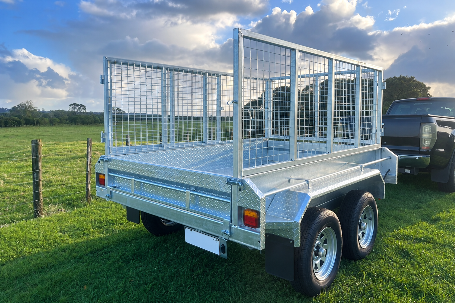Real application photograph of a tandem-axle cage utility trailer connected to a pickup on grass, showing the rear gate, cargo space and wheels